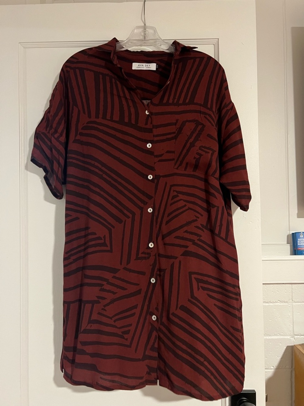 Ava Sky Brick Red & Black Short Sleeve Button-Down Shirt